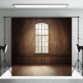 Aperturee - Aperturee Dim Vintage Brown Wood Cabin Window Photo Backdrop